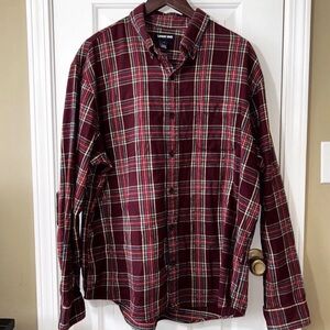 Lands’ End Men XL Flannel Shirt Traditional Fit Burgundy Teal Plaid 100% Cotton